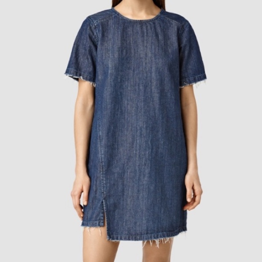 ALL SAINTS Mira Denim Mini Shift Denim Dress, Indigo Raw Hem 2